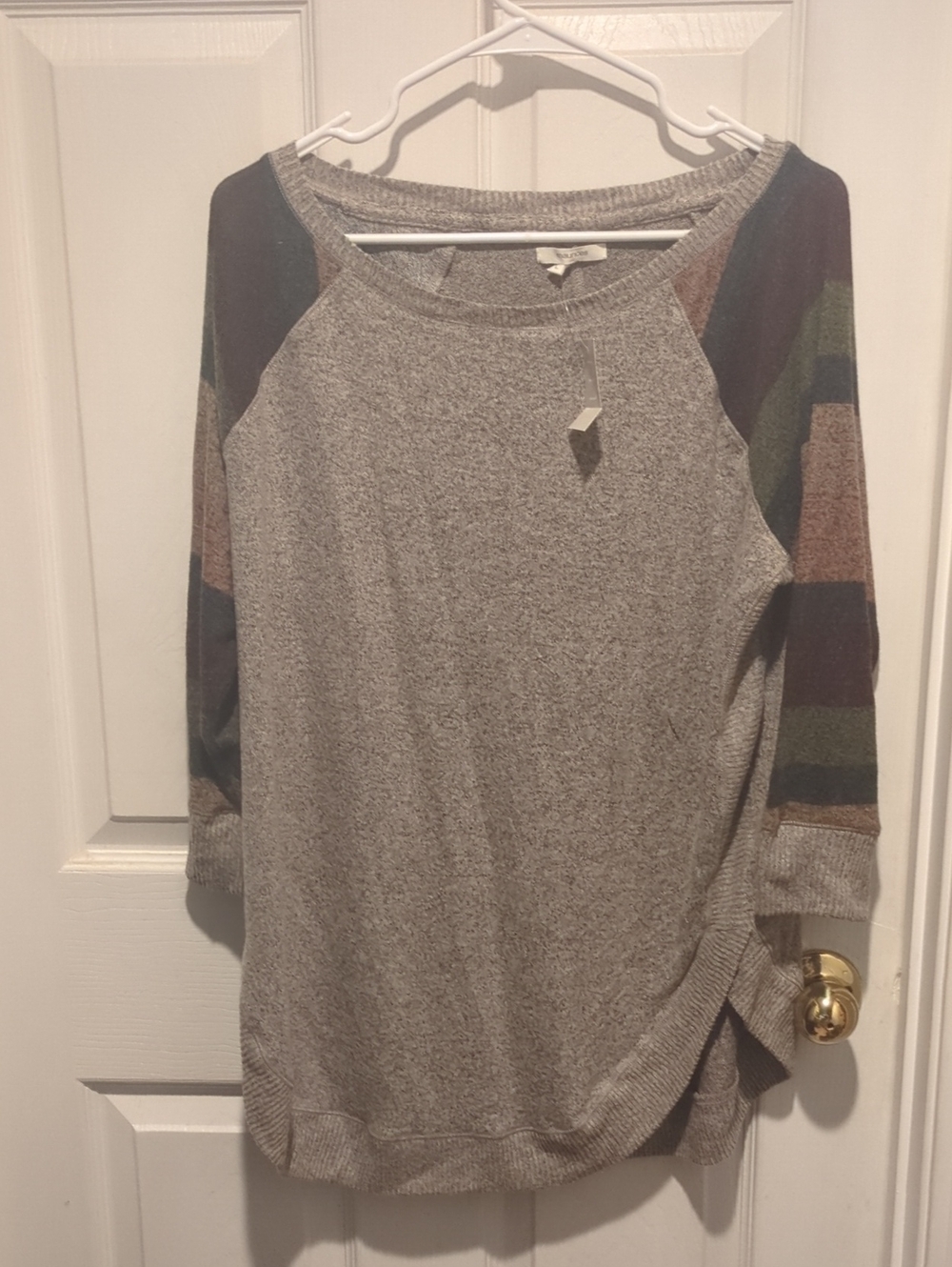 Maurices Gray Knit Dress with Multicolor Striped Sleeves